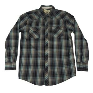 Coastal Men Medium Gray Blue Plaid Western Snap Front Long Sleeve Shirt RN103617
